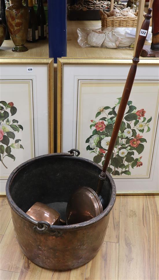A Victorian copper log bin with wrought iron handle, a late Georgian copper kettle and a Victorian copper warming pan (3)